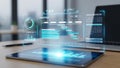 Holographic display of project management and data analytics on tablet Royalty Free Stock Photo
