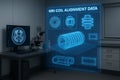 Holographic display shows M R I coil alignment data with brain scan on computer screen in laboratory Royalty Free Stock Photo