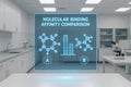 Holographic display shows molecular binding affinity comparison with molecules A and B and bar chart Royalty Free Stock Photo