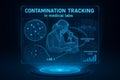 Holographic display shows scientist analyzing contamination in medical labs with microscope and data visualizations Royalty Free Stock Photo