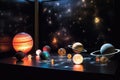 holographic display of solar system in dark room Royalty Free Stock Photo
