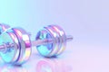 Holographic dumbbells. Neon glowing dumbbell. Working out concept, fitness, sport activity and healthy lifestyle theme, equipment