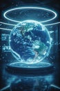 Holographic Earth Projection on Tech Interface Portrait Images Generative AI Royalty Free Stock Photo