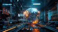 A holographic Earth in a scifi lab with dynamic fire lines wrapping the globe casting an eerie glow on the surrounding