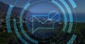 Holographic envelope icon hovering in coastal hillside view, with translucent HUD and binary code Royalty Free Stock Photo