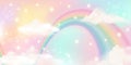 Holographic fantasy rainbow unicorn background with clouds. Pastel color sky. Magical landscape, abstract fabulous