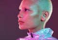 Holographic fashion, woman face and skin glow for hologram trend isolated in studio. Futuristic, vaporwave and art color Royalty Free Stock Photo