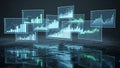 Holographic financial data visualizations float above a dark reflective surface displaying various futuristic bar and line charts Royalty Free Stock Photo