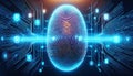 holographic fingerprint with binary code flows into it, surrounded by digital compliance tags, representing advanced security