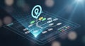 Holographic flowchart with location pin icon and risk assessment chart on futuristic screen Royalty Free Stock Photo
