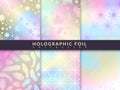 Holographic foil patterns. Trend glitter design pastel hologram textures, rainbow metallic abstract decor set. Creative