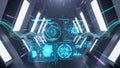 Holographic Futuristic Interface with Data Visualizations and Glowing Lines in a Sci- Fi Corridor Royalty Free Stock Photo