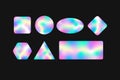 Holographic geometric stickers with gradient template. Colorful labels with iridescent wavy