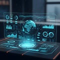 Futuristic holographic display showcasing global data analytics and network connectivity Royalty Free Stock Photo
