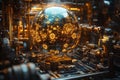 Holographic Globe Displaying Interconnected Industrial Centers with Steampunk Flourishes Royalty Free Stock Photo