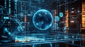 Holographic Globe in Futuristic Cyber Laboratory with DNA and Health Tech Symbols