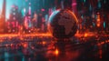 A holographic globe rotates in front of a sleek metallic background displaying data projections and trends for global Royalty Free Stock Photo