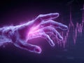 Futuristic holographic hand reaching toward digital financial dashboard with glowing graphs and data visualizations in a dark Royalty Free Stock Photo