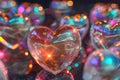 Holographic hearts. Fluid liquid chrome heart shape. 3d y2k hologram love element. Metallic rainbow icon. Fantasy retro