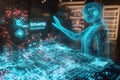 Holographic human figure interacting with a digital interface displaying data Royalty Free Stock Photo