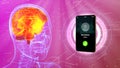Holographic human head image with calling smartphone, brain damage by lte communication concept - medical 3D illustration