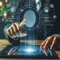 A holographic illustration of a businessman's fingerprint scan