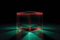 A holographic image of a cube shape on a dark background