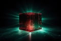 A holographic image of a red cube with green reflexes