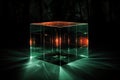 A holographic image of a sparkling cube on a dark background