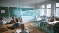 Holographic instructor teaching class of students in a digital classroom Royalty Free Stock Photo