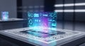 Holographic interface projecting digital charts and data visualizations from microchip on dark table, future technology Royalty Free Stock Photo