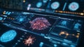 Holographic interface showcasing immune system data and cellular interactions in a high-tech research environment Royalty Free Stock Photo
