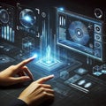 Holographic interface vector illustration with digital hands interacting with virtual technology elements, blue glowing Royalty Free Stock Photo