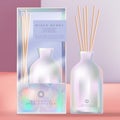 Vector Holographic or Iridescent Ceramic Reed Diffuser with Holographic Packaging Box and Acetate Sleeve. Geometric Crystal Theme