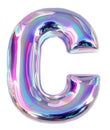 Holographic letter C with reflective surface. Metallic bubble form with shine Y2K design