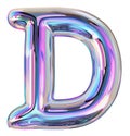 Holographic letter D with reflective surface. Metallic bubble form with shine Y2K design