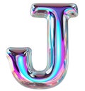 Holographic letter J with reflective surface. Metallic bubble form with shine Y2K design