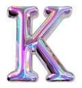Holographic letter K with reflective surface. Metallic bubble form with shine Y2K design