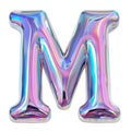 Holographic letter M with reflective surface. Metallic bubble form with shine Y2K design