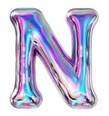 Holographic letter N with reflective surface. Metallic bubble form with shine Y2K design