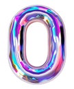Holographic letter O with reflective surface. Metallic bubble form with shine Y2K design