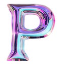 Holographic letter P with reflective surface. Metallic bubble form with shine Y2K design