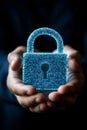 Holographic Lock in Hands Symbolizing Cybersecurity, Data Protection, and Online Safety.
