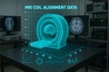 Holographic M R I scanner visualization with brain scan data and graphs on a dark laboratory table MRI scanner Royalty Free Stock Photo
