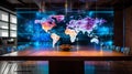 A holographic map displaying global economic zones and trade routes, projected from a corporate conference table