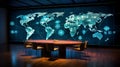 A holographic map displaying global economic zones and trade routes, projected from a corporate conference table