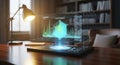 Holographic market data visualization projected from tablet on office desk with lamp Royalty Free Stock Photo