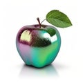 Holographic multicolored single realistic shiny apple with water drops on white background. AI generative illustration