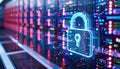 Holographic padlock amidst data streams and binary code in high-tech security setting Royalty Free Stock Photo