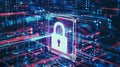 Holographic padlock amidst data streams and binary code in high-tech security setting Royalty Free Stock Photo
